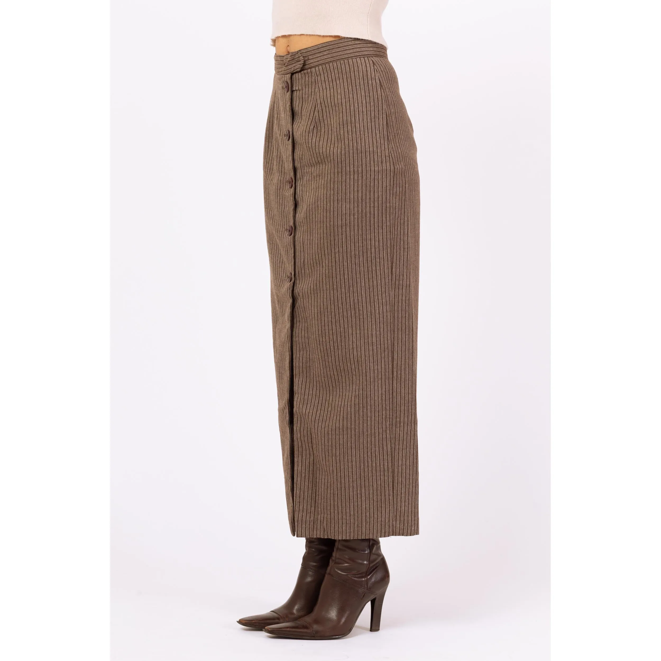 Vintage 70s Brown Pinstriped Maxi Pencil Skirt - Small, 26" Waist