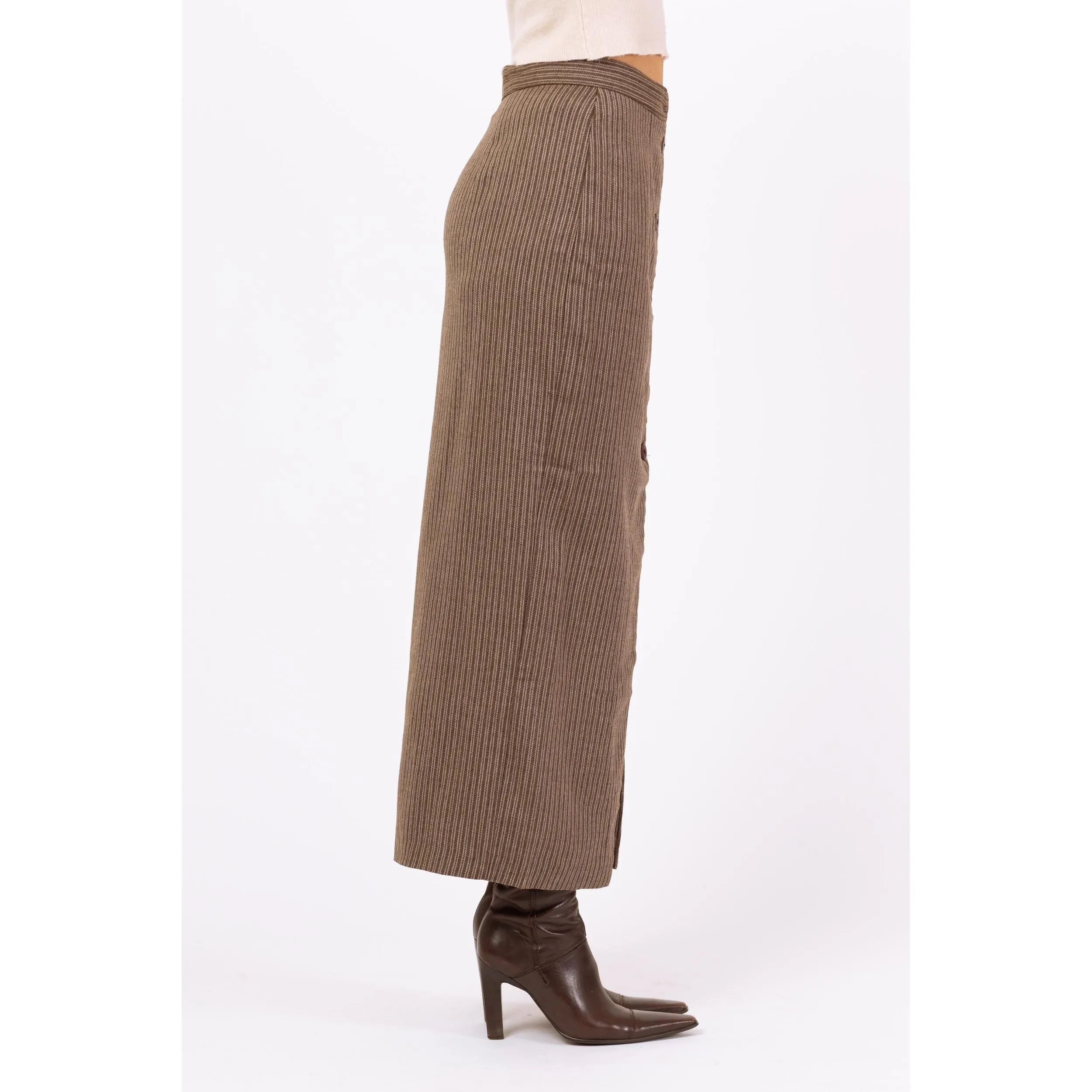 Vintage 70s Brown Pinstriped Maxi Pencil Skirt - Small, 26" Waist