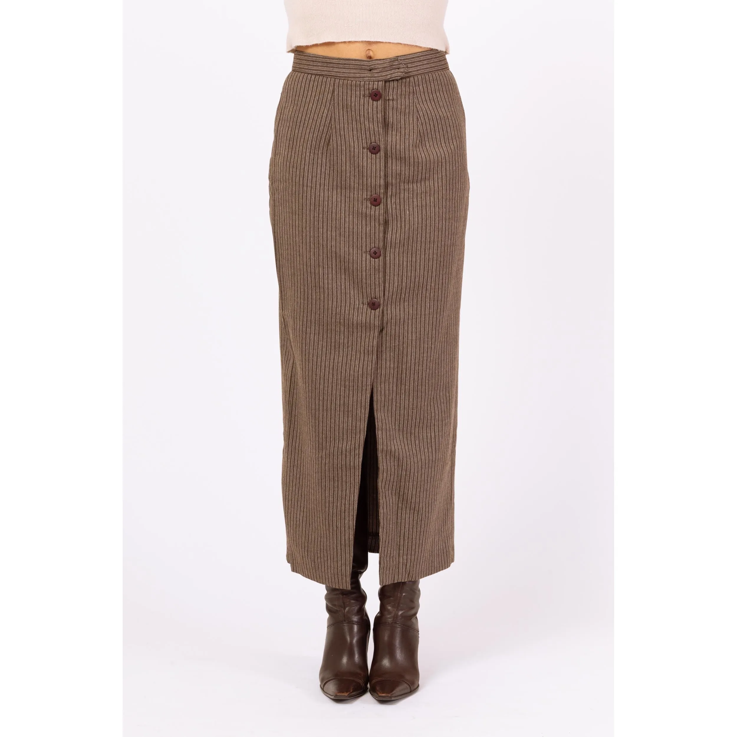Vintage 70s Brown Pinstriped Maxi Pencil Skirt - Small, 26" Waist
