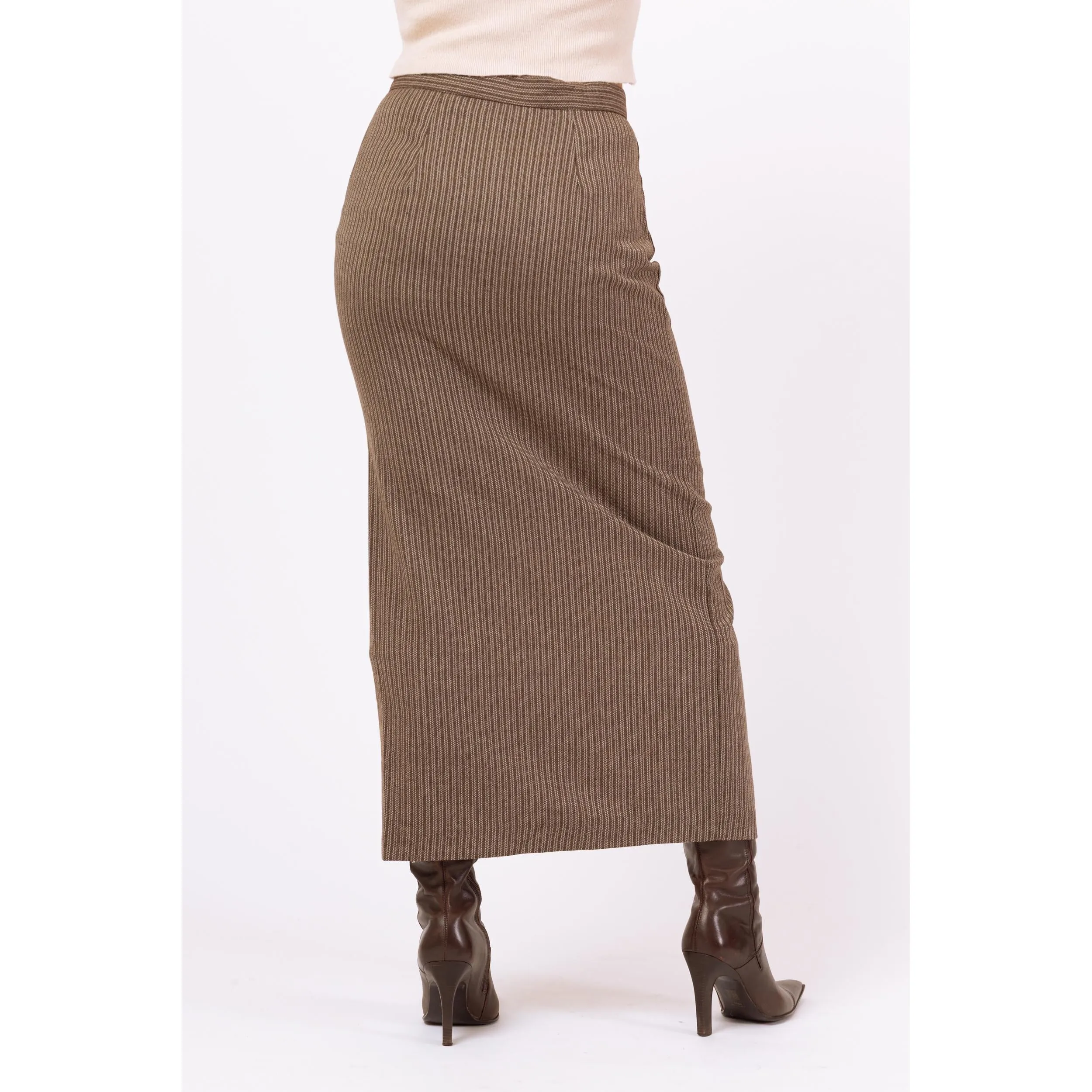 Vintage 70s Brown Pinstriped Maxi Pencil Skirt - Small, 26" Waist