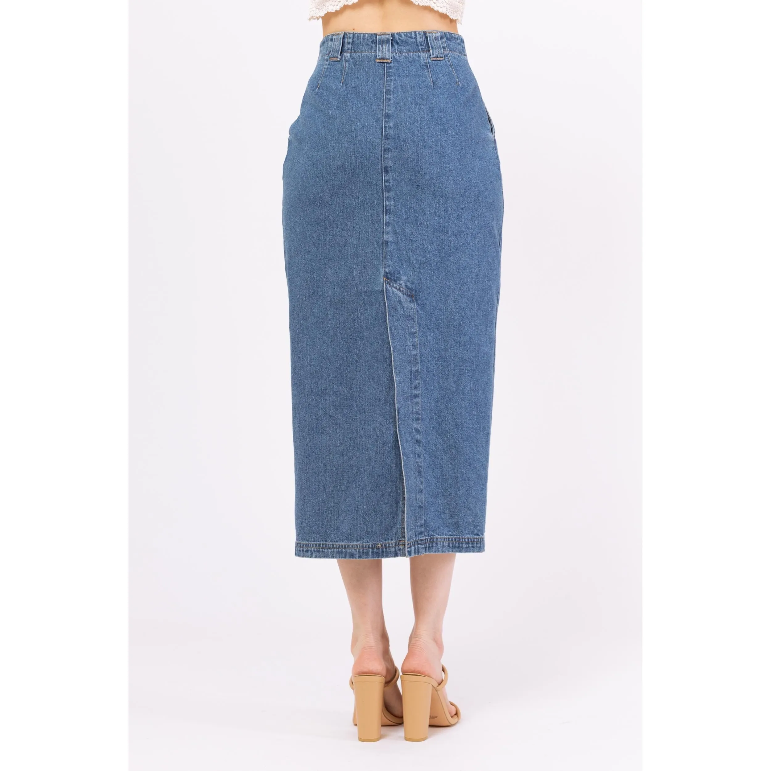 Vintage 90s Denim Button Front Midi Pencil Skirt - Extra Small, 25" Waist