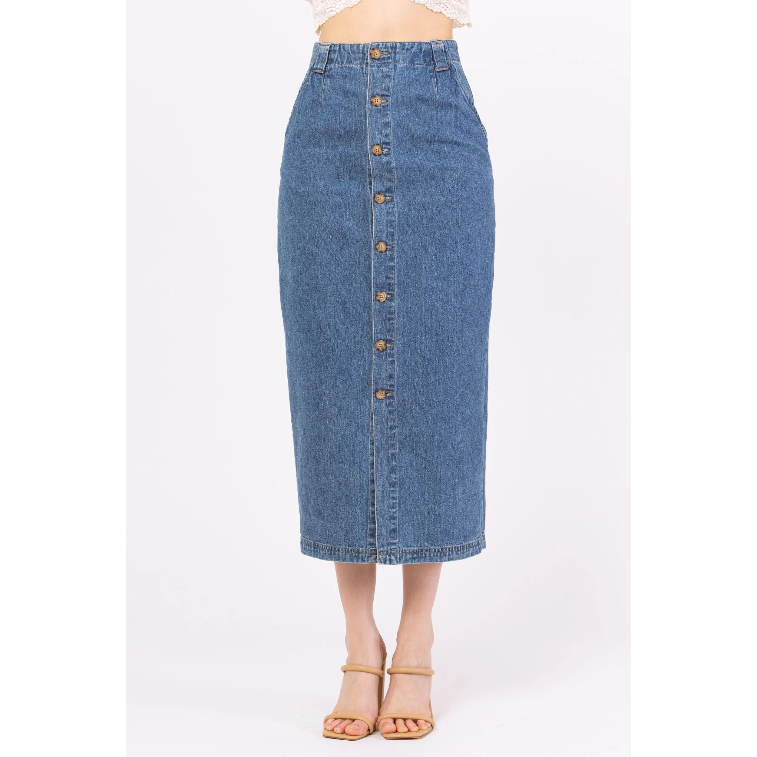 Vintage 90s Denim Button Front Midi Pencil Skirt - Extra Small, 25" Waist