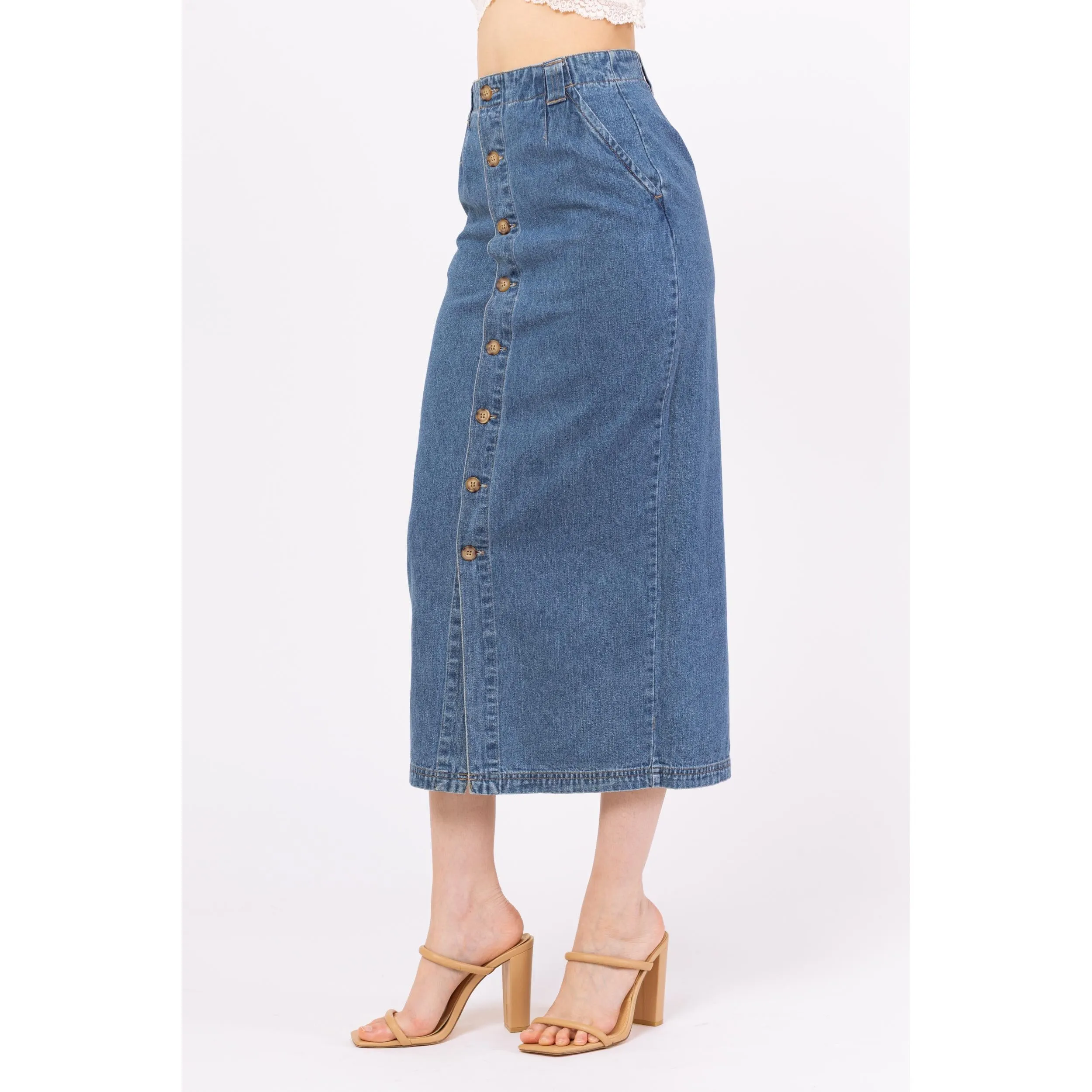 Vintage 90s Denim Button Front Midi Pencil Skirt - Extra Small, 25" Waist