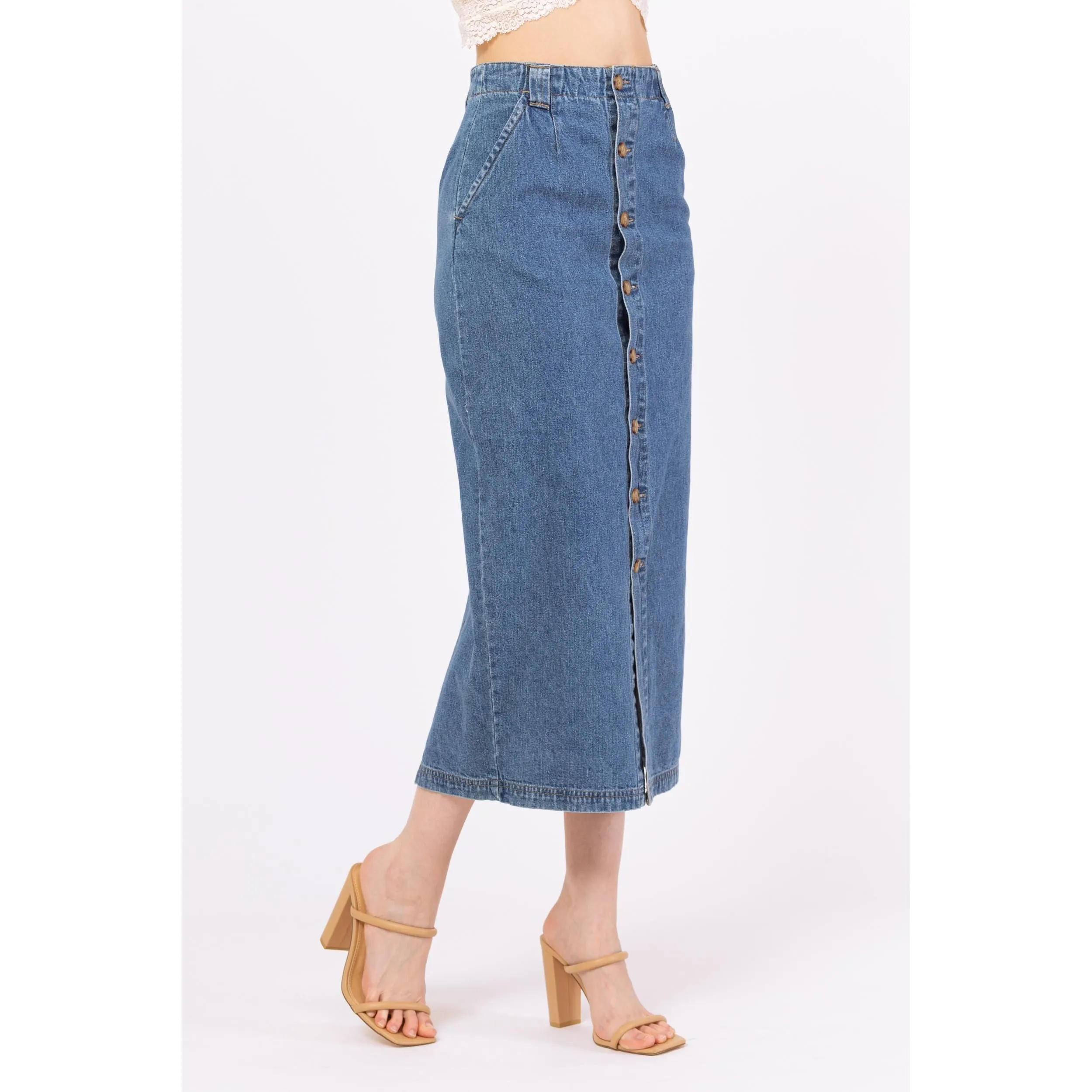 Vintage 90s Denim Button Front Midi Pencil Skirt - Extra Small, 25" Waist