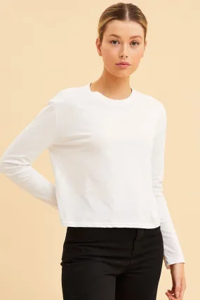 White Cropped T-Shirt Long Sleeve Crew Neck Cotton