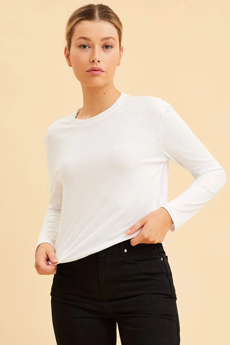 White Cropped T-Shirt Long Sleeve Crew Neck Cotton
