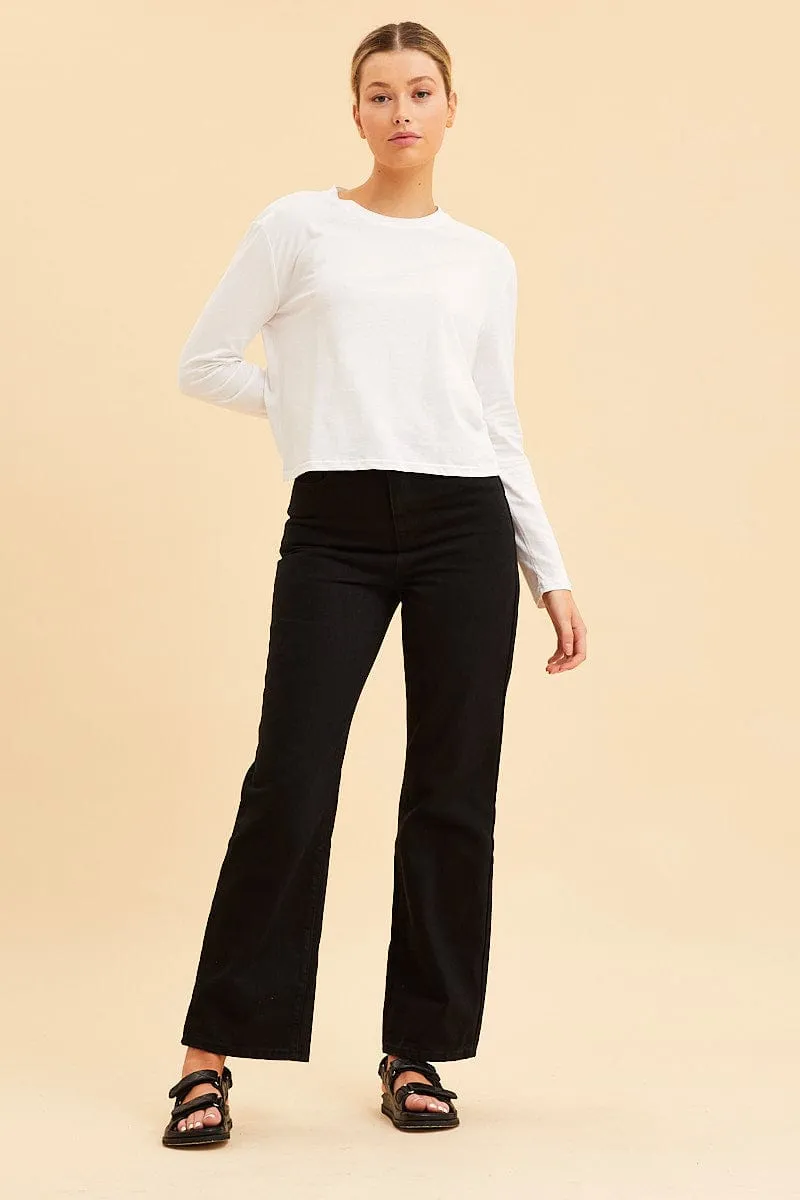 White Cropped T-Shirt Long Sleeve Crew Neck Cotton