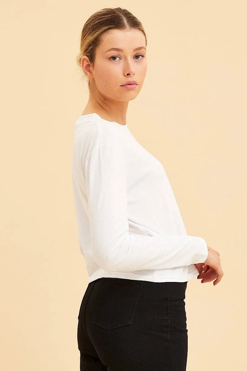 White Cropped T-Shirt Long Sleeve Crew Neck Cotton