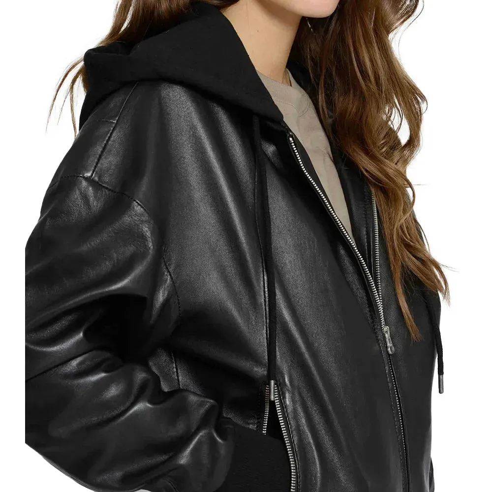 Women's Black Hooded Leather Bomber Jacket with Removable Hood
