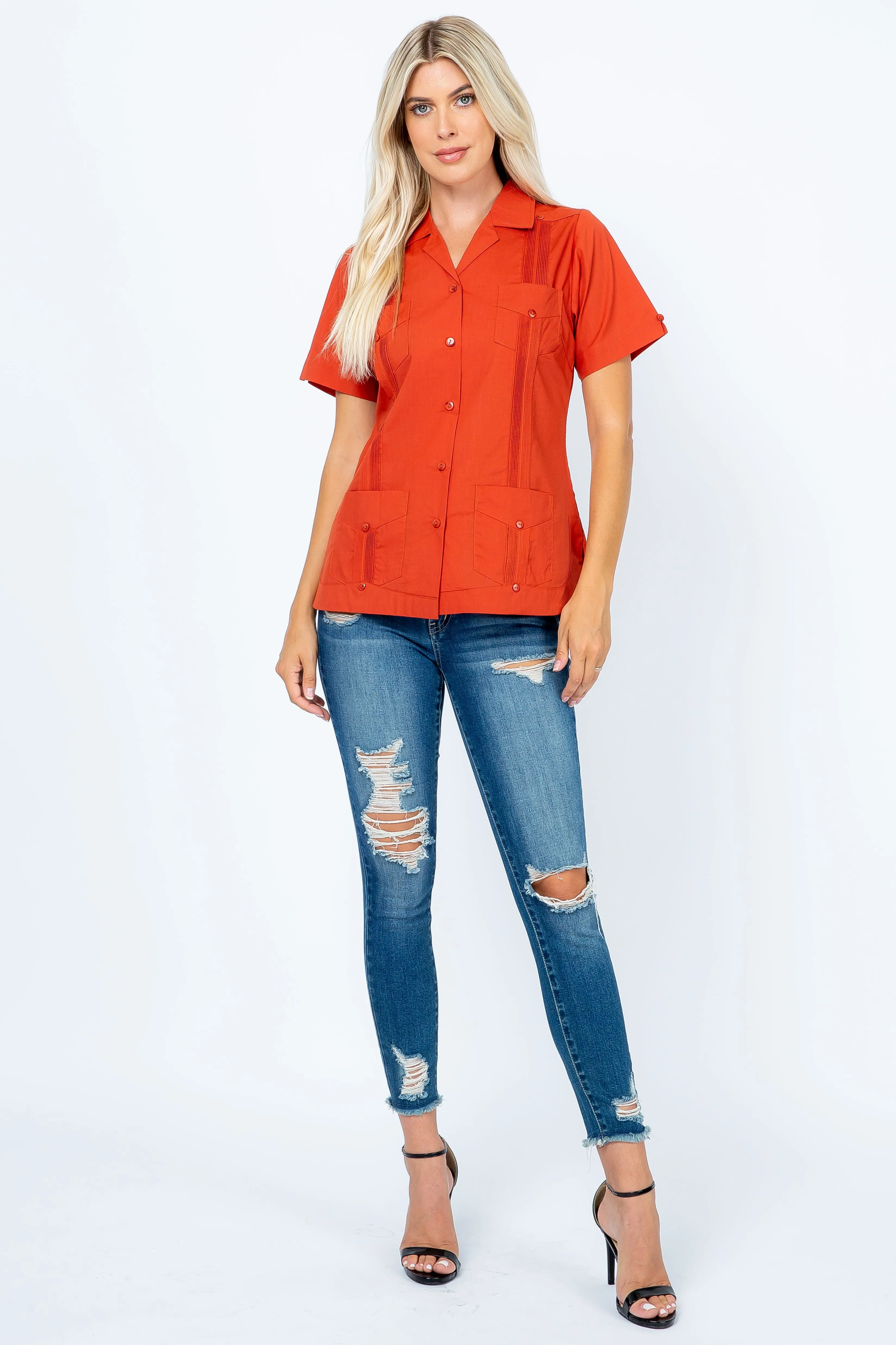 Women's Traditional Guayabera Shirt Cotton Blend 4 Pocket Design Short Sleeve