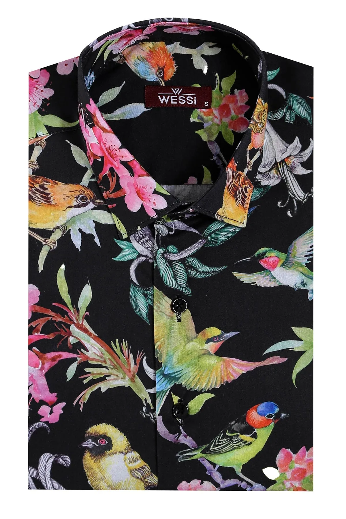 WSS Birds And Flowers Patterned Slim Fit Long Sleeves Black Men Shirt  - Singen