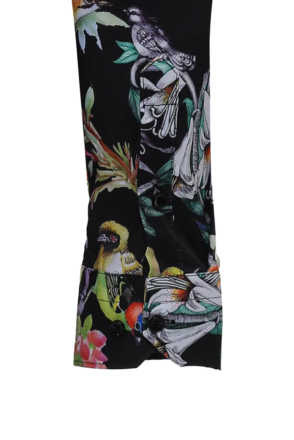 WSS Birds And Flowers Patterned Slim Fit Long Sleeves Black Men Shirt  - Singen
