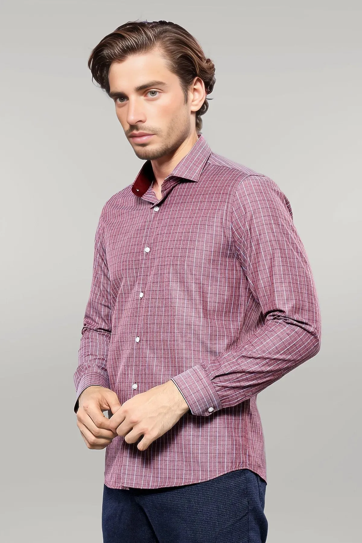 WSS Slim-Fit Burgundy Plaid Shirt  - Singen