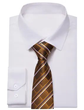 YourTies White Solid Long Sleeve Shirt with Deep Brown Striped Silk Tie for Men