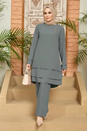 ZRF Women Stone-Detailed Tunic Pants Set - Gray - Cuyahoga Falls