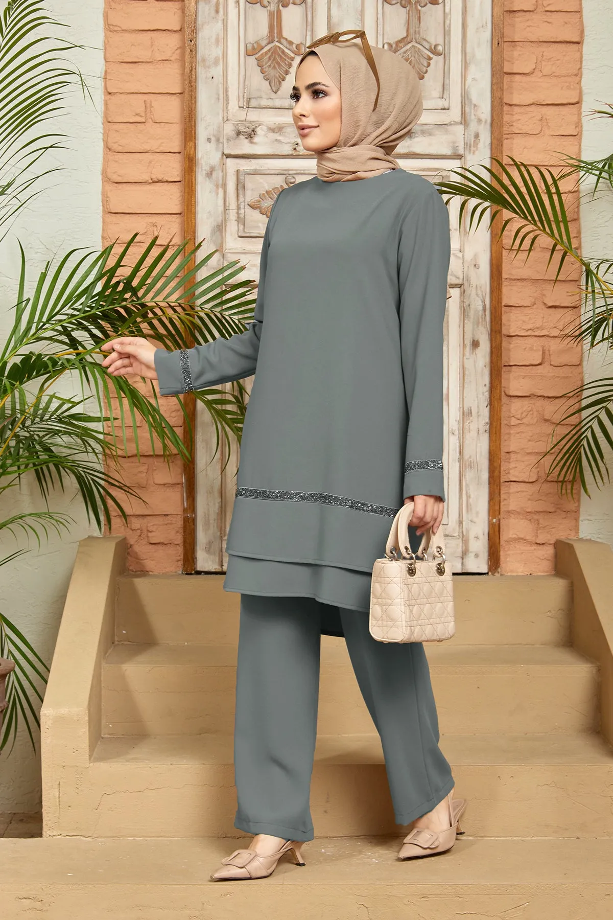 ZRF Women Stone-Detailed Tunic Pants Set - Gray - Cuyahoga Falls